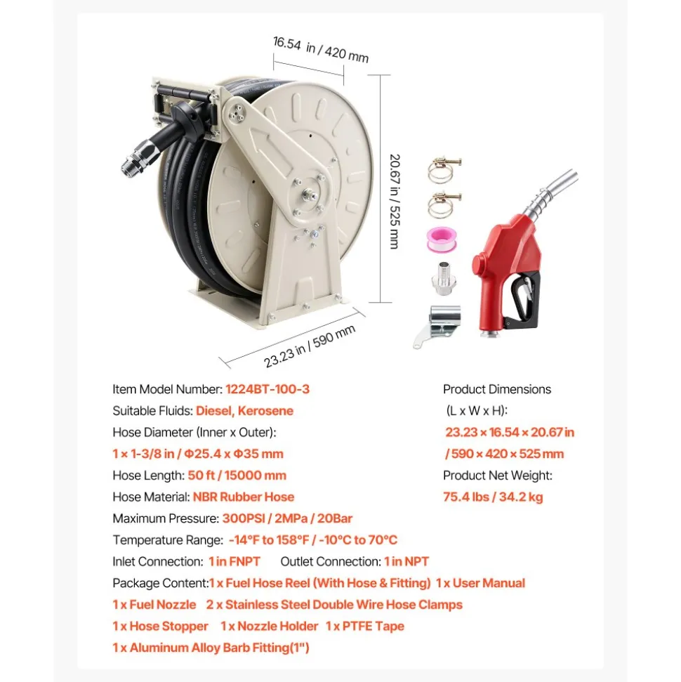 VEVOR Fuel Hose Reel, 1 inch x 50 ft Retractable, Spring Driven Auto Swivel Rewind, 300 PSI, Heavy-Duty Carbon Steel Construction with Industrial Grade Rubber Hose, for Diesel Fuel, Kerosene
