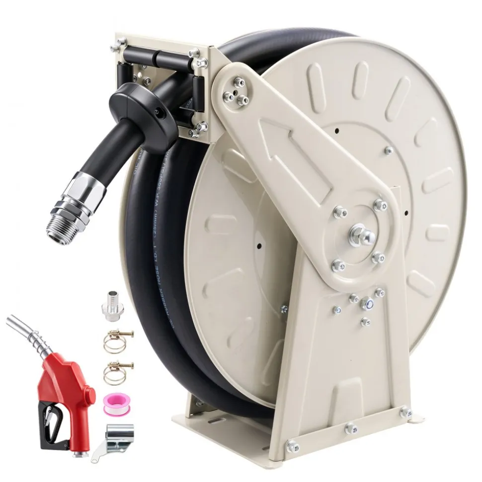 VEVOR Fuel Hose Reel, 1 inch x 33 ft Retractable, Spring Driven Auto Swivel Rewind, 300 PSI, Heavy-Duty Carbon Steel Construction with Industrial Grade Rubber Hose, for Diesel Fuel, Kerosene