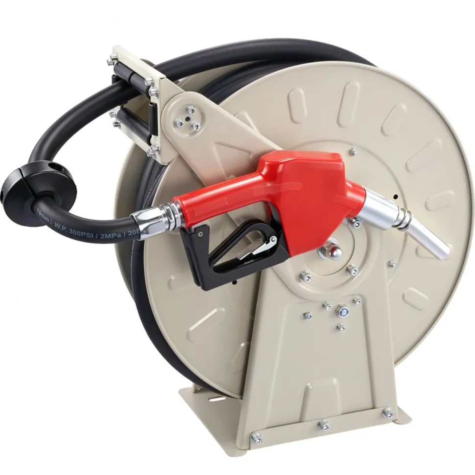 VEVOR Fuel Hose Reel, 3/4 inch x 50 ft Retractable, Spring Driven Auto Swivel Rewind, 300 PSI, Heavy-Duty Carbon Steel Construction with Industrial Grade Rubber Hose, for Diesel Fuel, Kerosene