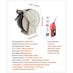 VEVOR Fuel Hose Reel, 3/4 inch x 66 ft Retractable, Spring Driven Auto Swivel Rewind, 300 PSI, Heavy-Duty Carbon Steel Construction with Industrial Grade Rubber Hose, for Diesel Fuel, Kerosene