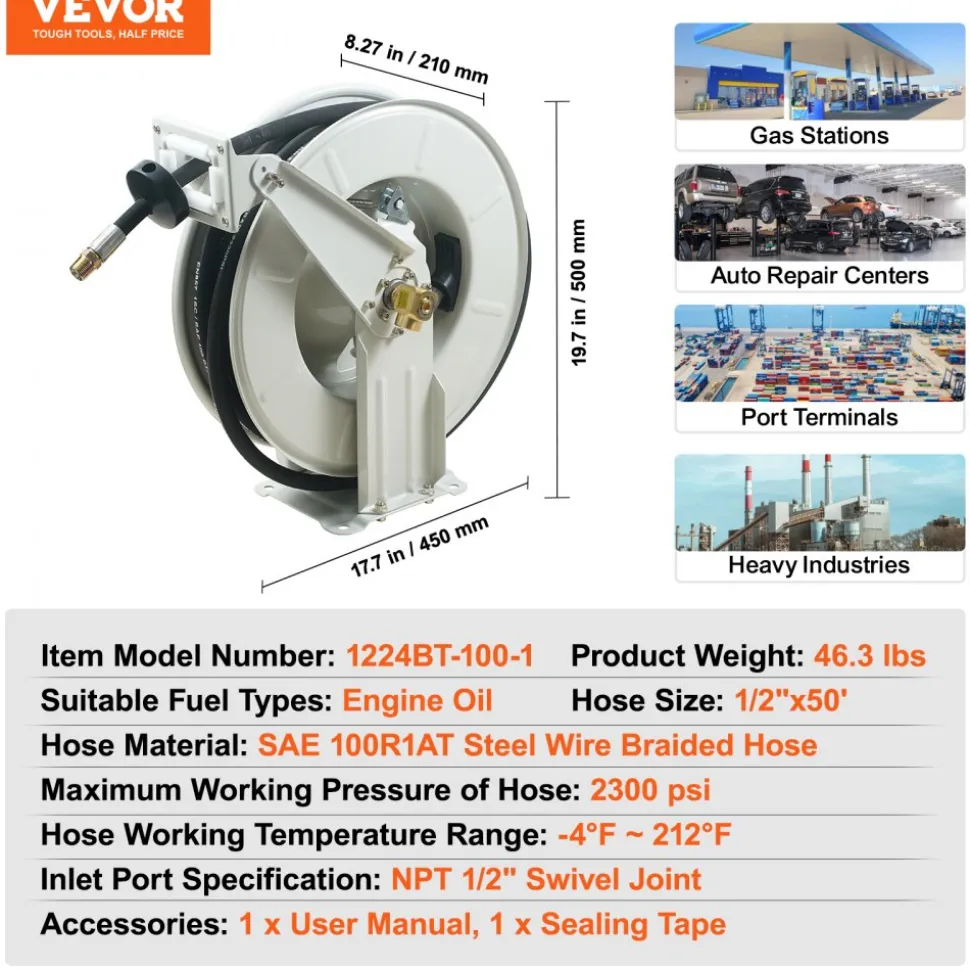 VEVOR Fuel Hose Reel, 1/2" x 50', Extra Long Retractable Machine Oil Hose Reel, Spring Driven Auto Swivel Rewind, Heavy-Duty Carbon Steel Construction with Hose for Auto Repair, Industries, 2300 PSI
