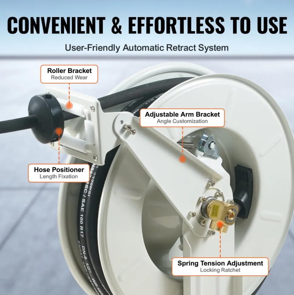 VEVOR Fuel Hose Reel, 1/2" x 50', Extra Long Retractable Machine Oil Hose Reel, Spring Driven Auto Swivel Rewind, Heavy-Duty Carbon Steel Construction with Hose for Auto Repair, Industries, 2300 PSI