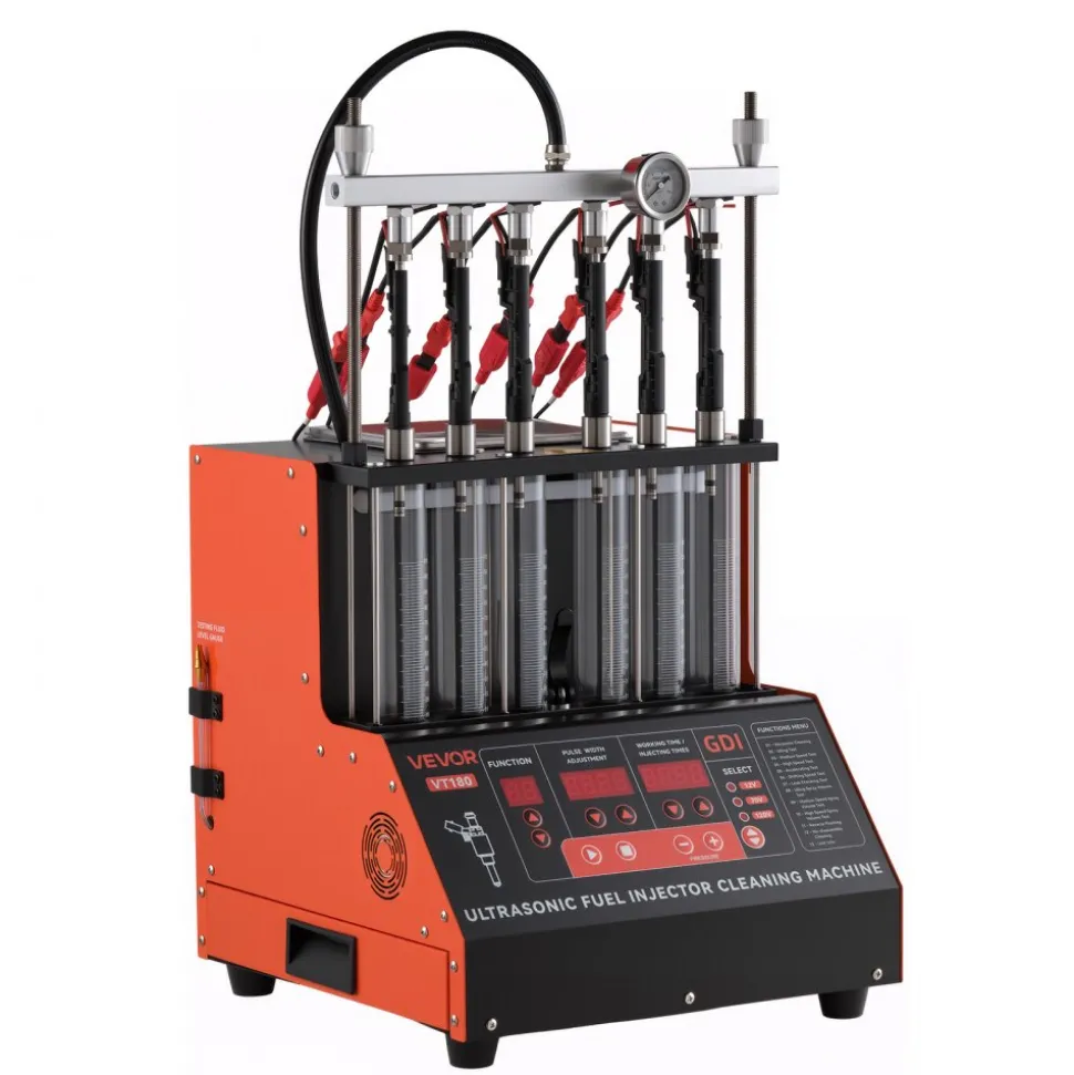 VEVOR Fuel Injector Cleaner Tester, 9 Test Modes, 6-Cylinder 28kHz Ultrasonic Cleaning Machine Adjustable 12V/70V/120V for EFI/FSI/GDI, Injector Cleaner Machine with Drain Valve for Car & Motorcycle