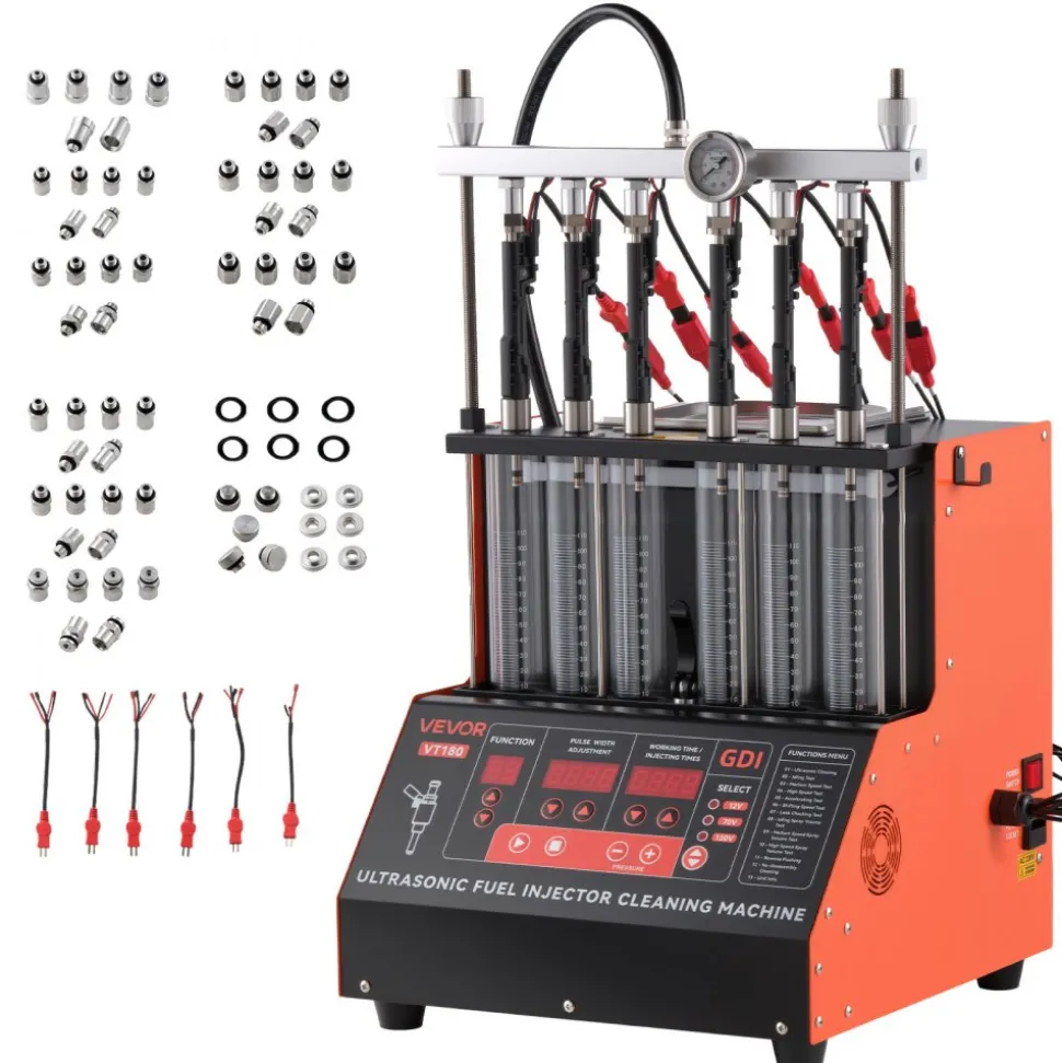 VEVOR Fuel Injector Cleaner Tester, 9 Test Modes, 6-Cylinder 28kHz Ultrasonic Cleaning Machine Adjustable 12V/70V/120V for EFI/FSI/GDI, Injector Cleaner Machine with Drain Valve for Car & Motorcycle