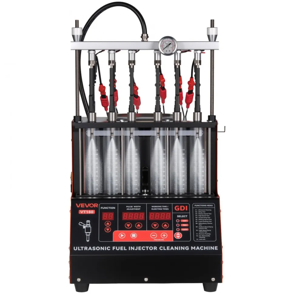 VEVOR Fuel Injector Cleaner Tester, 9 Test Modes, 6-Cylinder 28kHz Ultrasonic Cleaning Machine Adjustable 12V/70V/120V for EFI/FSI/GDI, Injector Cleaner Machine with Drain Valve for Car & Motorcycle