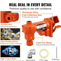 VEVOR Fuel Transfer Pump, 12V DC 16 GPM 1/4 HP, Gasoline Extractor Pump with Automatic Nozzle, Discharge Hose & Suction Pipe for Gasoline, Diesel, Kerosene, Ethanol & Methanol Blends, and Biodiesel