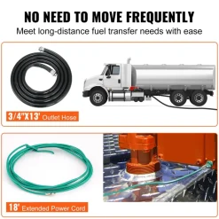 VEVOR Fuel Transfer Pump, 12V DC 16 GPM 1/4 HP, Gasoline Extractor Pump with Automatic Nozzle, Discharge Hose & Suction Pipe for Gasoline, Diesel, Kerosene, Ethanol & Methanol Blends, and Biodiesel