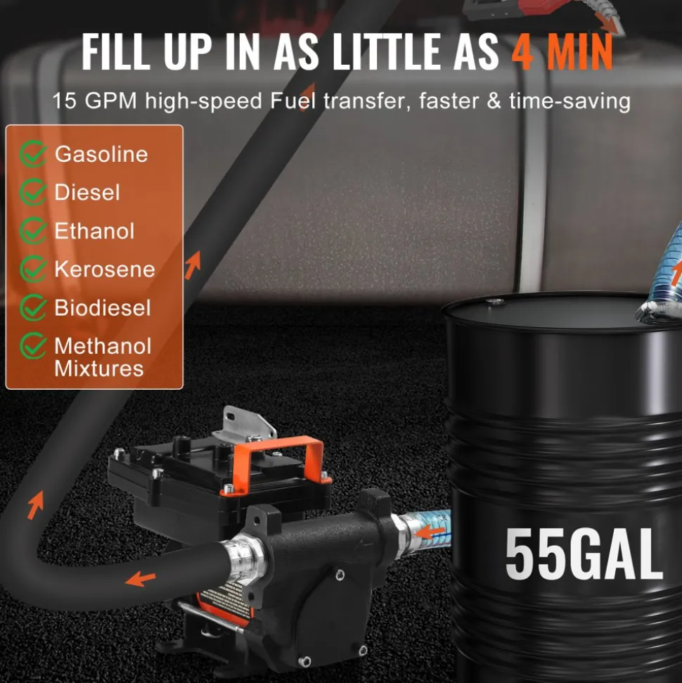 VEVOR Fuel Transfer Pump, 12V DC 15 GPM 1/4 HP, Portable Electric Diesel Transfer Pump with Auto Shut-Off Fuel Nozzle, Long Inlet & Outlet Hose for Gasoline, Diesel, Kerosene, Methanol Blends