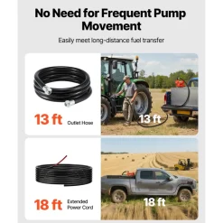 VEVOR Fuel Transfer Pump, 12V DC 16 GPM 1/4 HP Diesel Pump, Extractor Pumps with Manual Nozzle, Discharge Hose and Suction Pipe, for Gasoline, Diesel, Kerosene, Ethanol-Methanol Blends & Biodiesel