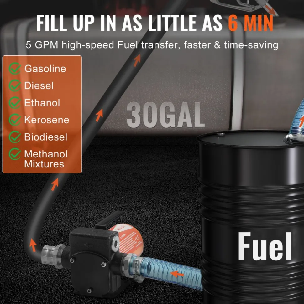 VEVOR Fuel Transfer Pump, 12V DC 5 GPM 1/10 HP, Portable Electric Diesel Transfer Pump with Auto Shut-Off Fuel Nozzle, Long Inlet & Outlet Hose for Gasoline, Diesel, Kerosene, Methanol Blends