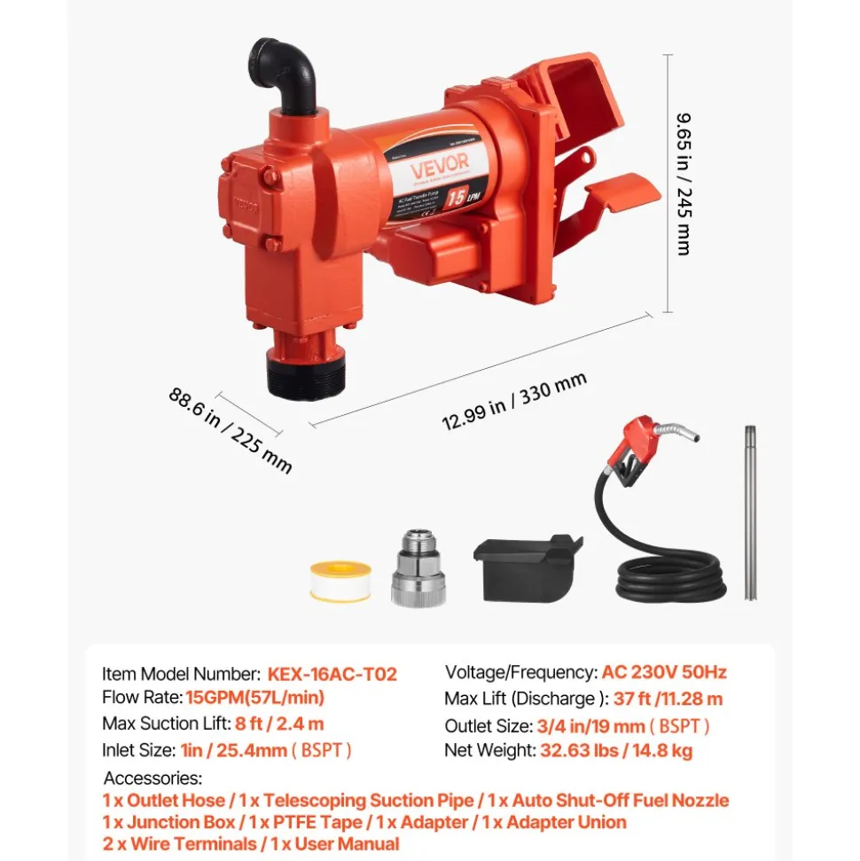 VEVOR Fuel Transfer Pump 110V, 15 GPM 57 L/min, AC Electric Oil Transfer Pump, with Auto Shut-Off Fuel Nozzle & Discharge Hose, High Flow Kit for Gasoline, Diesel, Kerosene, Biodiesel, Ethanol Blends