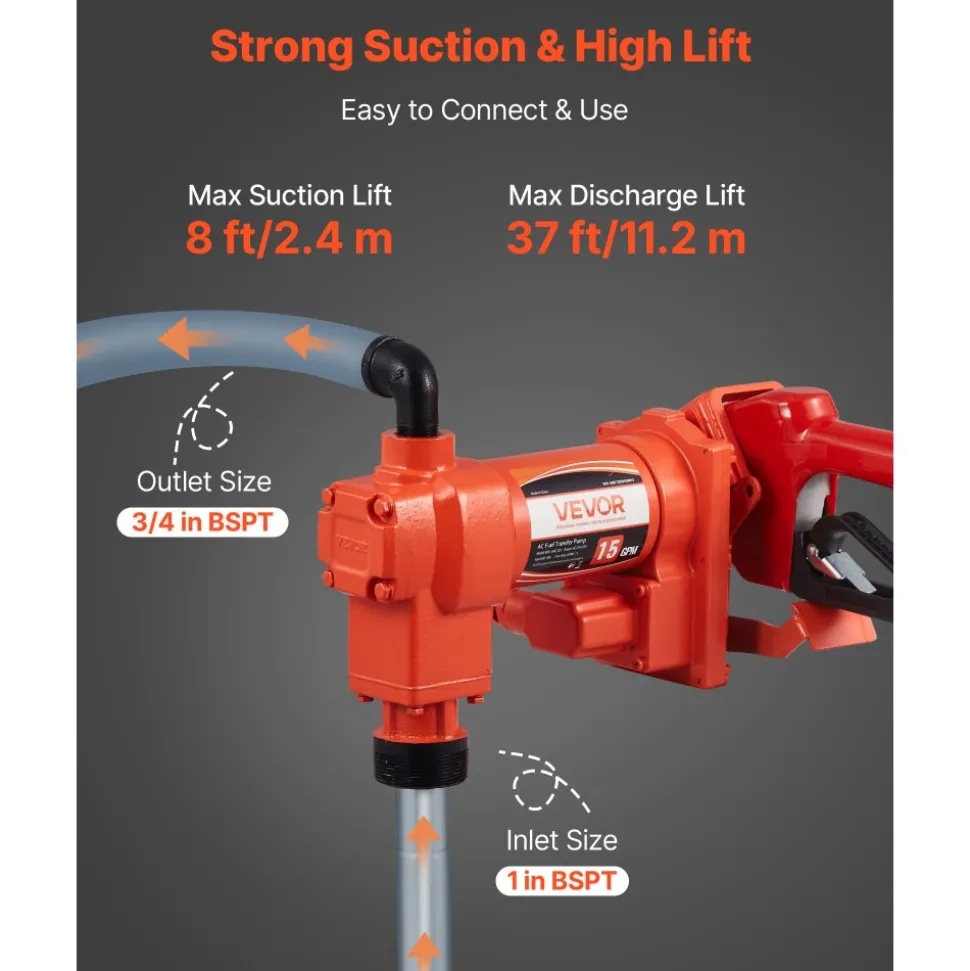 VEVOR Fuel Transfer Pump 110V, 15 GPM 57 L/min, AC Electric Oil Transfer Pump, with Auto Shut-Off Fuel Nozzle & Discharge Hose, High Flow Kit for Gasoline, Diesel, Kerosene, Biodiesel, Ethanol Blends