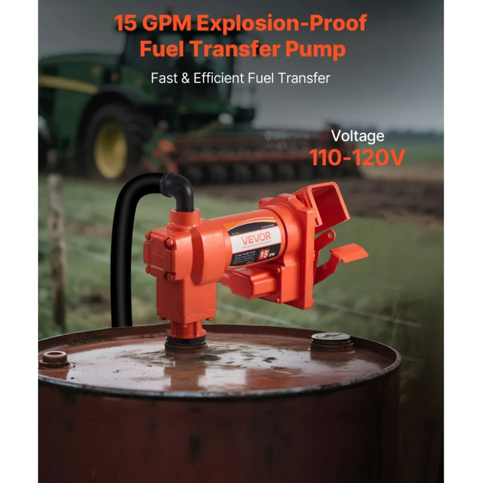 VEVOR Fuel Transfer Pump 110V, 15 GPM 57 L/min, AC Electric Oil Transfer Pump, 8 ft/2.4 m Max Suction Lift, 37 ft/11.28 m Max Lift, Overheat Protection, for Gasoline Diesel Kerosene Biodiesel Ethanol