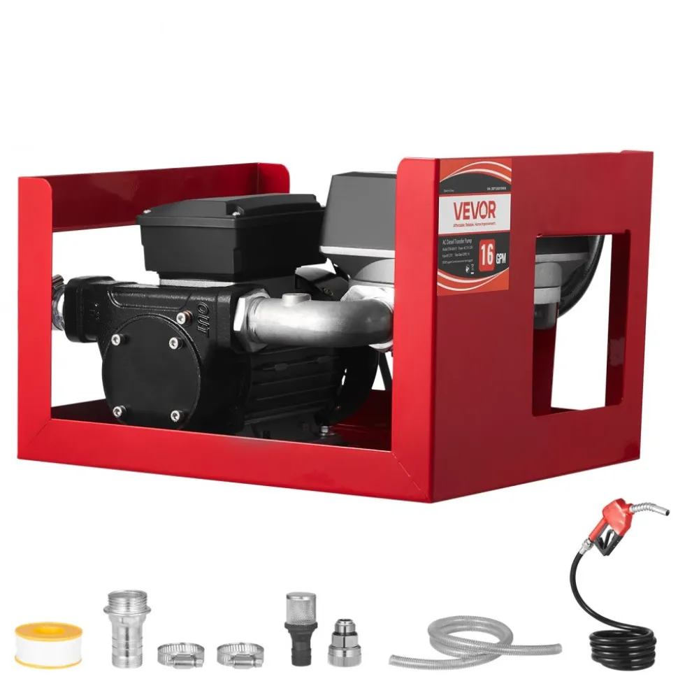 VEVOR Fuel Transfer Pump 110V, 16 GPM 60 L/min, AC Electric Oil Transfer Pump for Diesel Kerosene Biodiesel, with Meter, Auto Fuel Nozzle & 2 Hoses, 45 ft/13.7 m Lift, for Vehicles, Construction Sites
