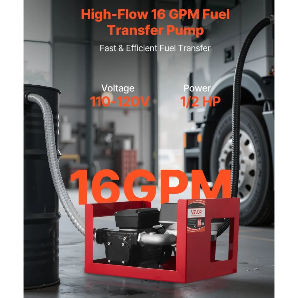VEVOR Fuel Transfer Pump 110V, 16 GPM 60 L/min, AC Electric Oil Transfer Pump for Diesel Kerosene Biodiesel, with Meter, Auto Fuel Nozzle & 2 Hoses, 45 ft/13.7 m Lift, for Vehicles, Construction Sites