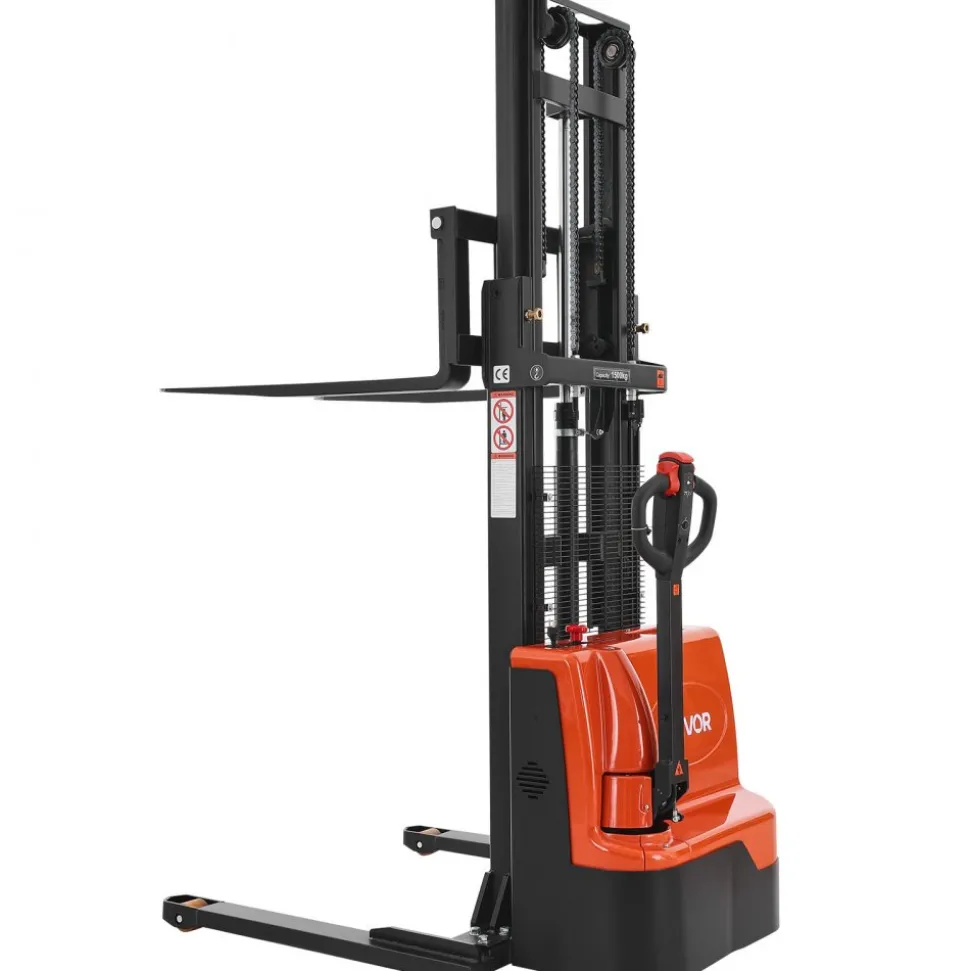 VEVOR Full Electric Pallet Stacker, 3300 lbs Capacity, Pallet Lift Stacker Forklift with Straddle Legs & Forks, 96.06 Inches Lifting Height & 8.66-31.1 Inches Adjustable Fork Width, Orange & Black