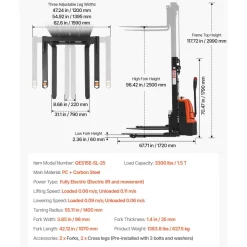 VEVOR Full Electric Pallet Stacker, 3300 lbs Capacity, Pallet Lift Stacker Forklift with Straddle Legs & Forks, 96.06 Inches Lifting Height & 8.66-31.1 Inches Adjustable Fork Width, Orange & Black