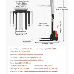 VEVOR Full Electric Pallet Stacker, 3300 lbs Capacity, Pallet Lift Stacker Forklift with Straddle Legs & Forks, 127.6 Inches Lifting Height & 8.66-31.1 Inches Adjustable Fork Width, Orange & Black