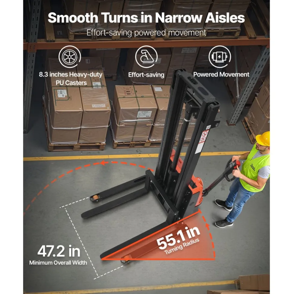 VEVOR Full Electric Pallet Stacker, 3300 lbs Capacity, Pallet Lift Stacker Forklift with Straddle Legs & Forks, 127.6 Inches Lifting Height & 8.66-31.1 Inches Adjustable Fork Width, Orange & Black