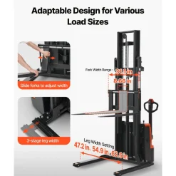 VEVOR Full Electric Pallet Stacker, 3300 lbs Capacity, Pallet Lift Stacker Forklift with Straddle Legs & Forks, 127.6 Inches Lifting Height & 8.66-31.1 Inches Adjustable Fork Width, Orange & Black