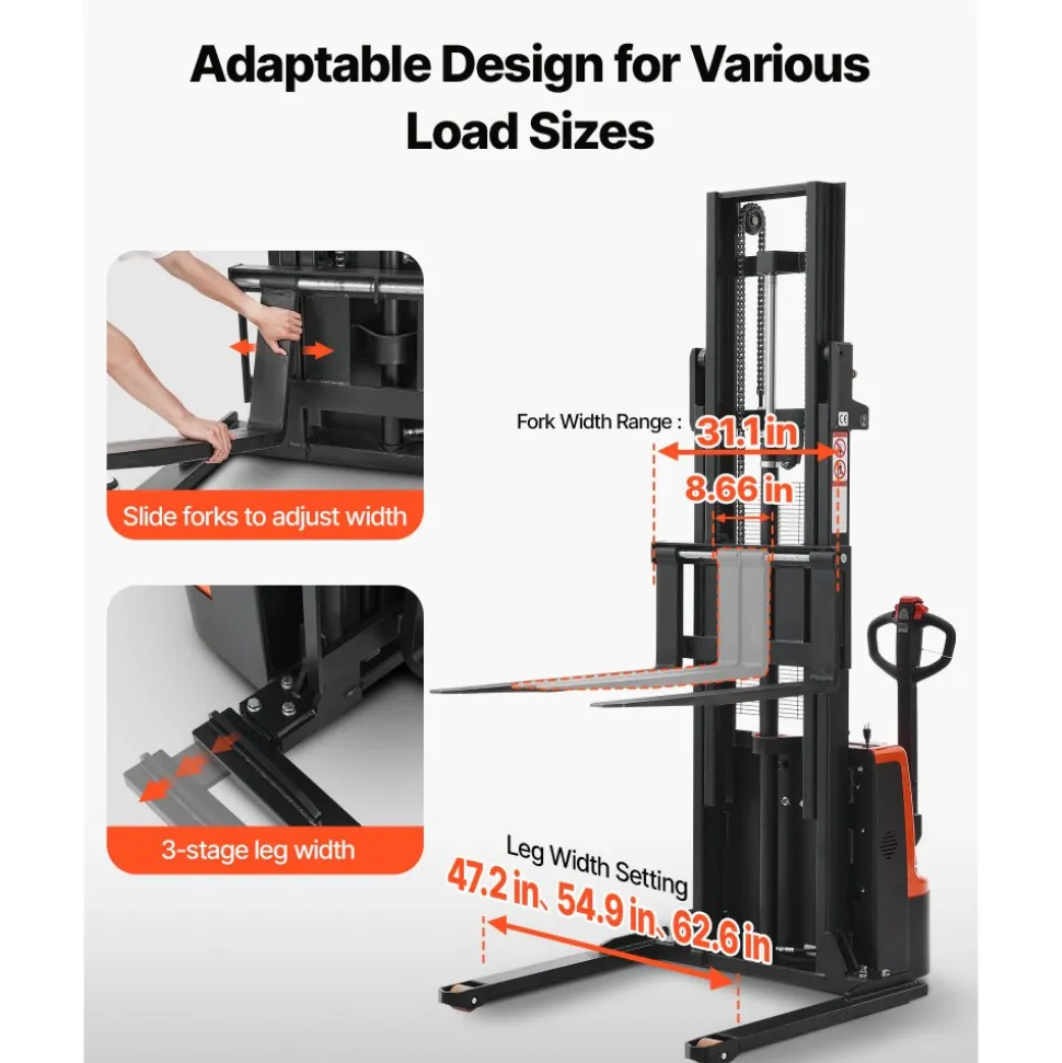 VEVOR Full Electric Pallet Stacker, 3300 lbs Capacity, Pallet Lift Stacker Forklift with Straddle Legs & Forks, 127.6 Inches Lifting Height & 8.66-31.1 Inches Adjustable Fork Width, Orange & Black