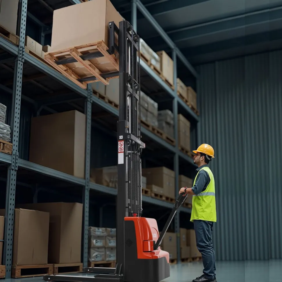 VEVOR Full Electric Pallet Stacker, 3300 lbs Capacity, Pallet Lift Stacker Forklift with Straddle Legs & Forks, 127.6 Inches Lifting Height & 8.66-31.1 Inches Adjustable Fork Width, Orange & Black