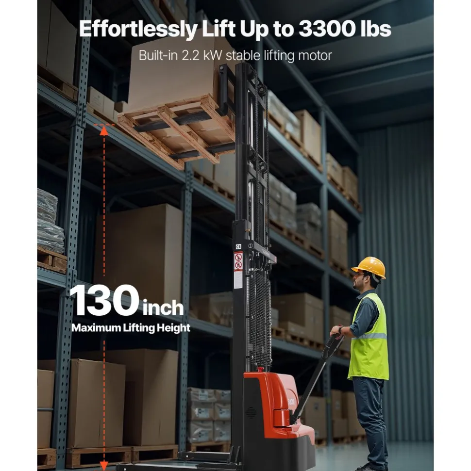VEVOR Full Electric Pallet Stacker, 3300 lbs Capacity, Pallet Lift Stacker Forklift with Straddle Legs & Forks, 127.6 Inches Lifting Height & 8.66-31.1 Inches Adjustable Fork Width, Orange & Black