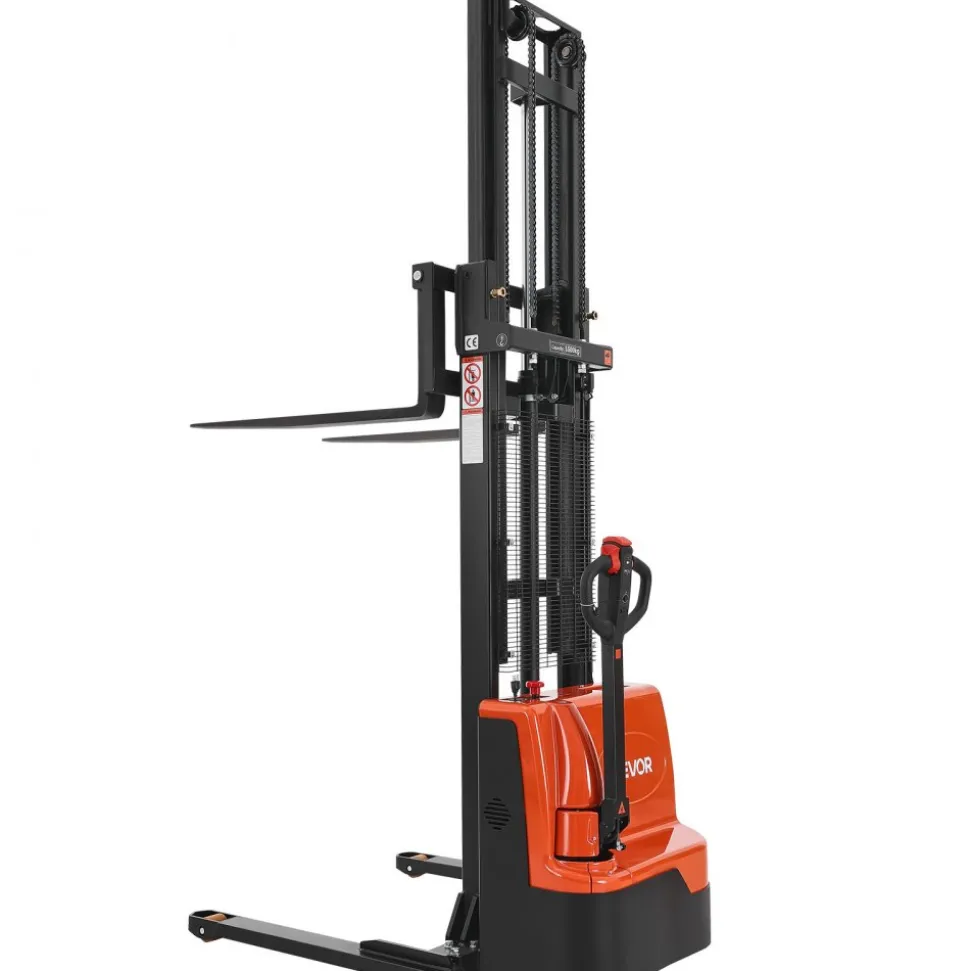 VEVOR Full Electric Pallet Stacker, 3300 lbs Capacity, Pallet Lift Stacker Forklift with Straddle Legs & Forks, 127.6 Inches Lifting Height & 8.66-31.1 Inches Adjustable Fork Width, Orange & Black
