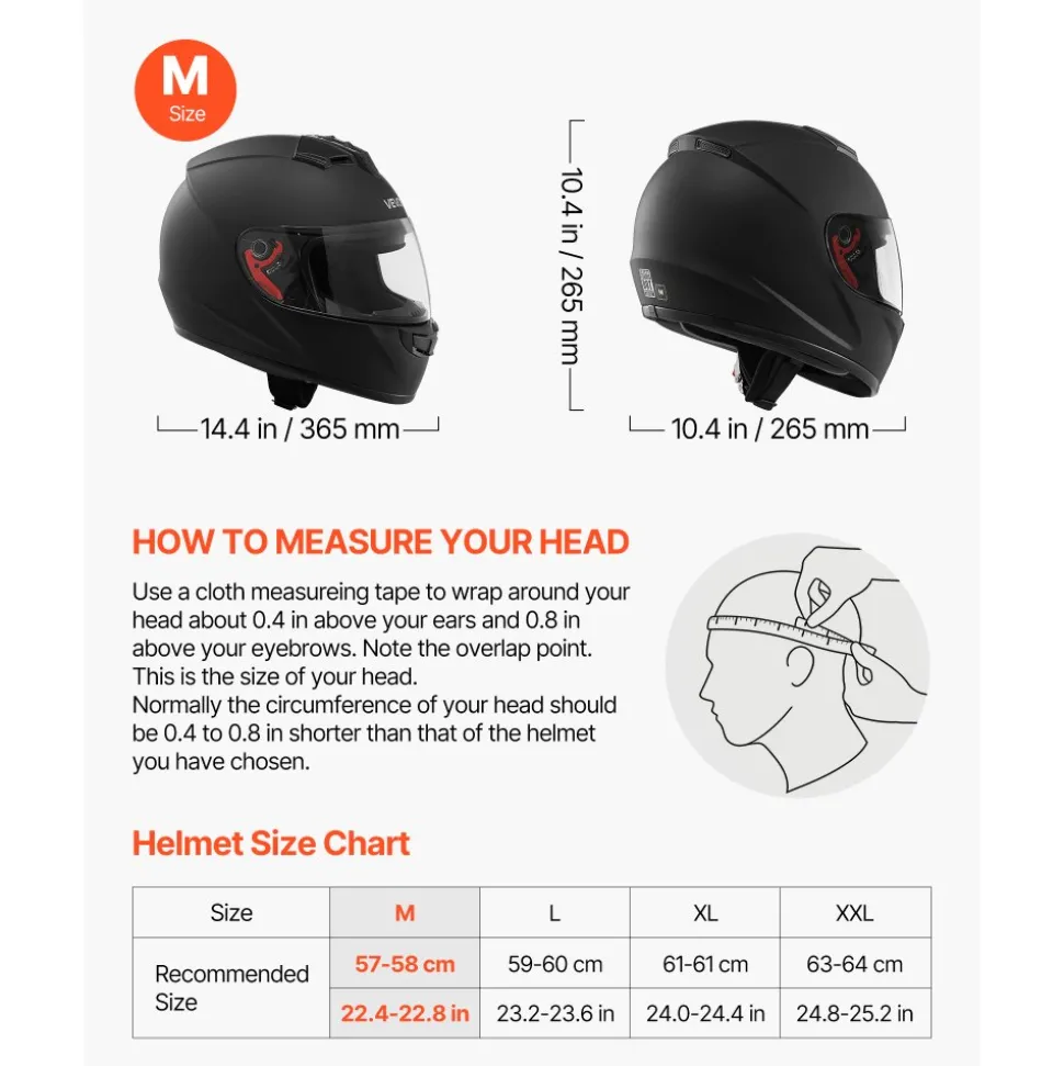 VEVOR Full Face Motorcycle Helmets, Adult Motocross Dirt Bike Helmet with Clear Visor, Lightweight Comfortable Motorcycle Street Bike Helmet for Men and Women - DOT Approved (M Size)