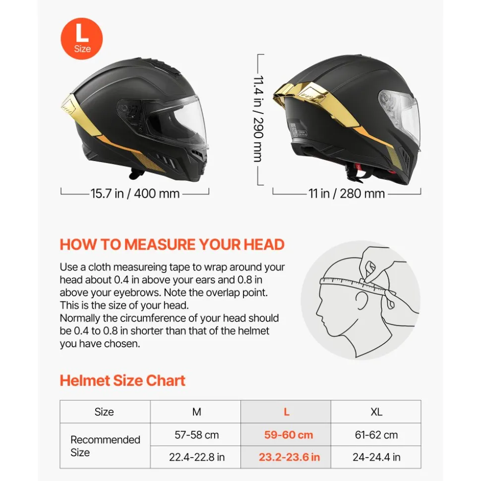 VEVOR Full Face Motorcycle Helmets, Dual-Visor Motorcycle Street Bike Helmet, Lightweight Comfortable Motocross Dirt Bike Helmet for Adults Men and Women - DOT & ECE Approved (L Size)