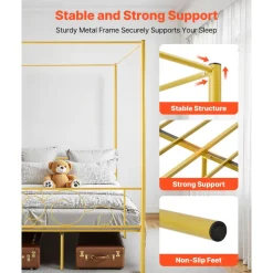 VEVOR Full Size Canopy Bed Frame, Metal Canopy Bed with Minimalist Headboard & Four Posters Design, Heavy Duty Steel Slats Support, Underbed Storage Space, No Box Spring Needed, Easy Assembly, Gold