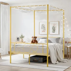VEVOR Full Size Canopy Bed Frame, Metal Canopy Bed with Minimalist Headboard & Four Posters Design, Heavy Duty Steel Slats Support, Underbed Storage Space, No Box Spring Needed, Easy Assembly, Gold
