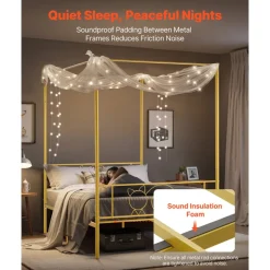 VEVOR Full Size Canopy Bed Frame, Metal Canopy Bed with Minimalist Headboard & Four Posters Design, Heavy Duty Steel Slats Support, Underbed Storage Space, No Box Spring Needed, Easy Assembly, Gold