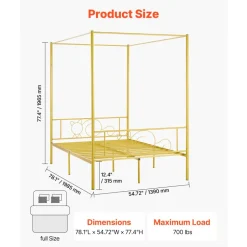 VEVOR Full Size Canopy Bed Frame, Metal Canopy Bed with Minimalist Headboard & Four Posters Design, Heavy Duty Steel Slats Support, Underbed Storage Space, No Box Spring Needed, Easy Assembly, Gold