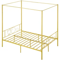 VEVOR Full Size Canopy Bed Frame, Metal Canopy Bed with Minimalist Headboard & Four Posters Design, Heavy Duty Steel Slats Support, Underbed Storage Space, No Box Spring Needed, Easy Assembly, Gold