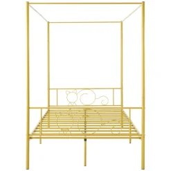 VEVOR Full Size Canopy Bed Frame, Metal Canopy Bed with Minimalist Headboard & Four Posters Design, Heavy Duty Steel Slats Support, Underbed Storage Space, No Box Spring Needed, Easy Assembly, Gold