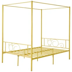 VEVOR Full Size Canopy Bed Frame, Metal Canopy Bed with Minimalist Headboard & Four Posters Design, Heavy Duty Steel Slats Support, Underbed Storage Space, No Box Spring Needed, Easy Assembly, Gold