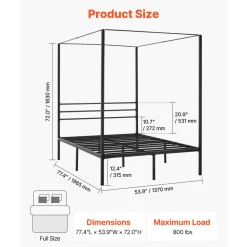 VEVOR Full Size Canopy Bed Frame, Metal Canopy Bed with Four Posters Design, Heavy Duty Steel Slats Support, Underbed Storage Space, No Box Spring Needed, Easy Assembly, Black
