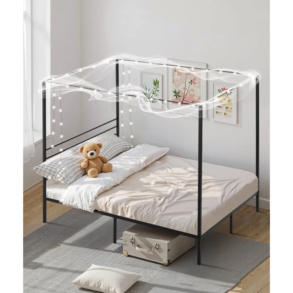 VEVOR Full Size Canopy Bed Frame, Metal Canopy Bed with Four Posters Design, Heavy Duty Steel Slats Support, Underbed Storage Space, No Box Spring Needed, Easy Assembly, Black