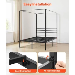 VEVOR Full Size Canopy Bed Frame, Metal Canopy Bed with Four Posters Design, Heavy Duty Steel Slats Support, Underbed Storage Space, No Box Spring Needed, Easy Assembly, Black