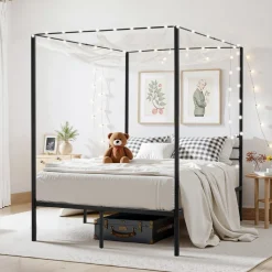 VEVOR Full Size Canopy Bed Frame, Metal Canopy Bed with Four Posters Design, Heavy Duty Steel Slats Support, Underbed Storage Space, No Box Spring Needed, Easy Assembly, Black