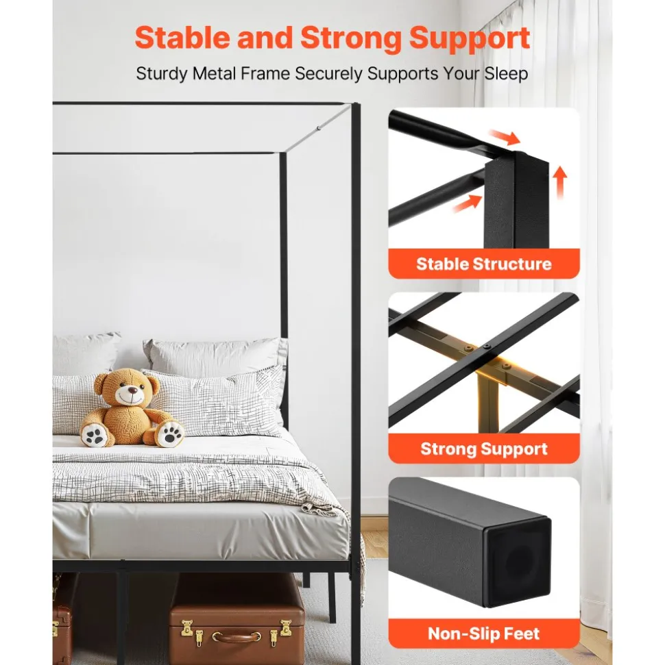 VEVOR Full Size Canopy Bed Frame, Metal Canopy Bed with Four Posters Design, Heavy Duty Steel Slats Support, Underbed Storage Space, No Box Spring Needed, Easy Assembly, Black