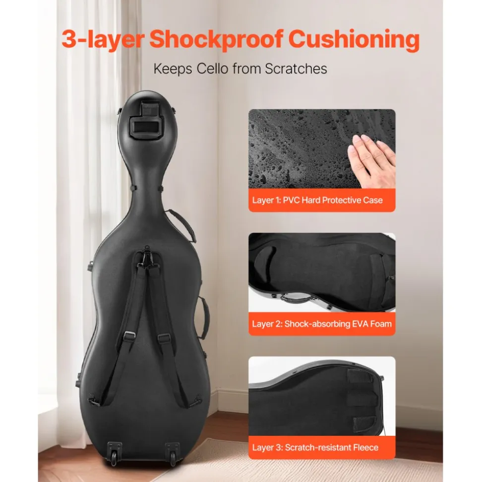 VEVOR 4/4 Full Size Cello Case, Composite Carbon Fiber, Lightweight Portable Travel Carrying Bag, with Plush Lining, Dual Shoulder Straps, Anti-Scratch, Professional Cello-Shape, for Cello, Black