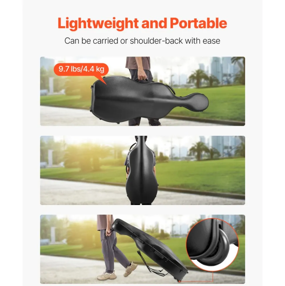 VEVOR 4/4 Full Size Cello Case, Composite Carbon Fiber, Lightweight Portable Travel Carrying Bag, with Plush Lining, Dual Shoulder Straps, Anti-Scratch, Professional Cello-Shape, for Cello, Black