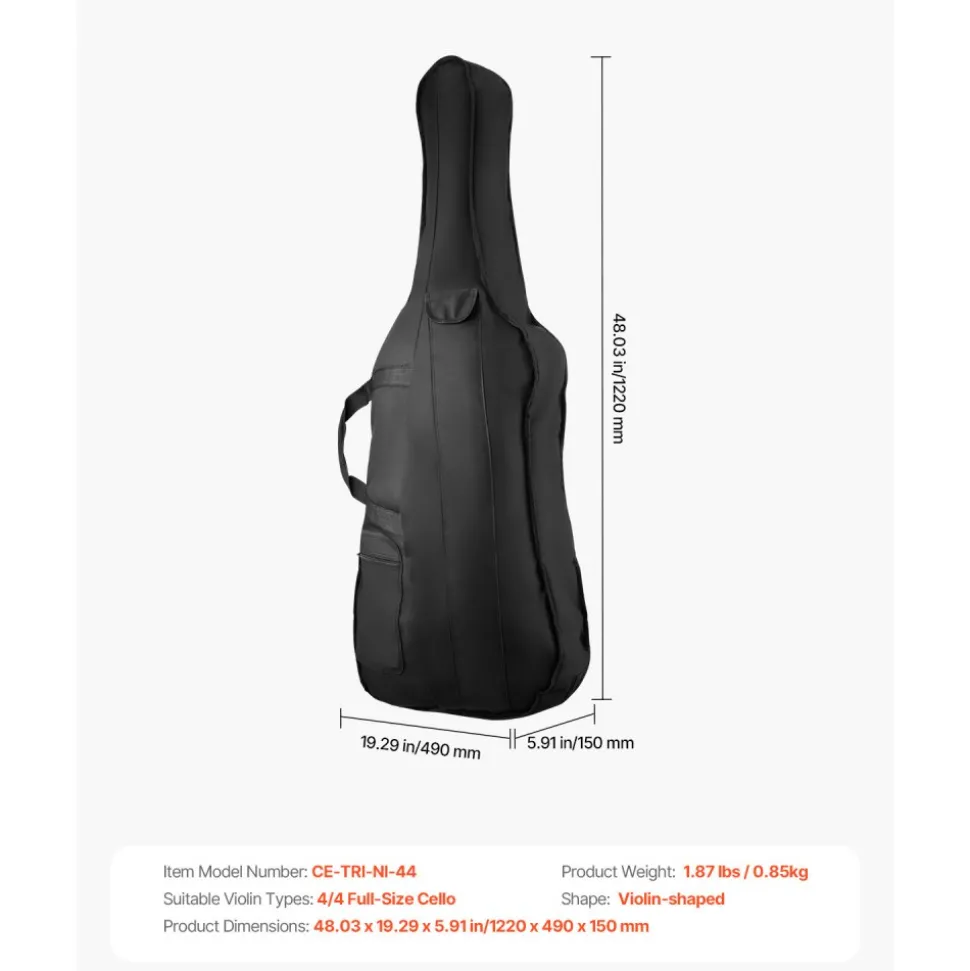 VEVOR 4/4 Full Size Cello Case, Nylon Waterproof, Lightweight Portable Travel Carrying Bag, with Reinforced Handle, Dual Shoulder Straps, Anti-Scratch, Professional Cello-Shape, for Cello, Black