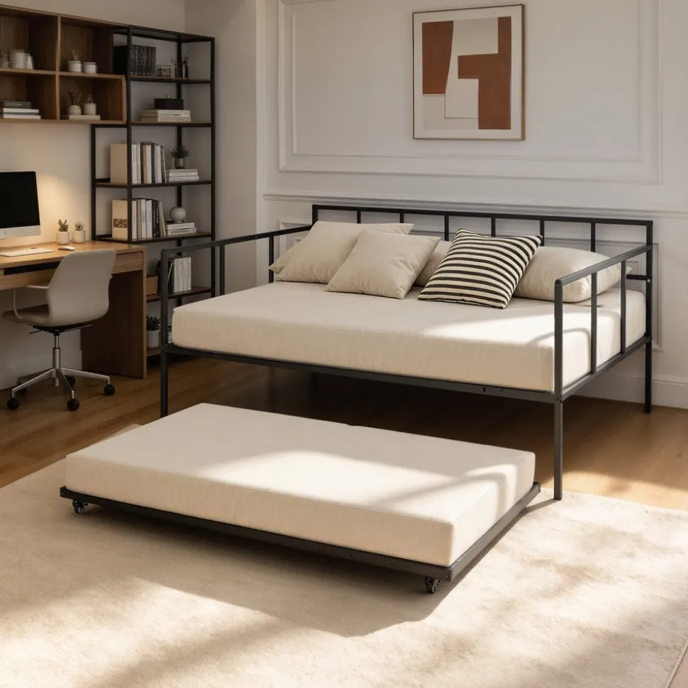 VEVOR Full Size Daybed with Pop Up Trundle Twin Size Metal Day Bed Frame, for Living Room Bedroom Guest Room, Sturdy Metal Design, Space Saving Sofa Bed, 2 Lockable Casters, Easy Assembly, Black