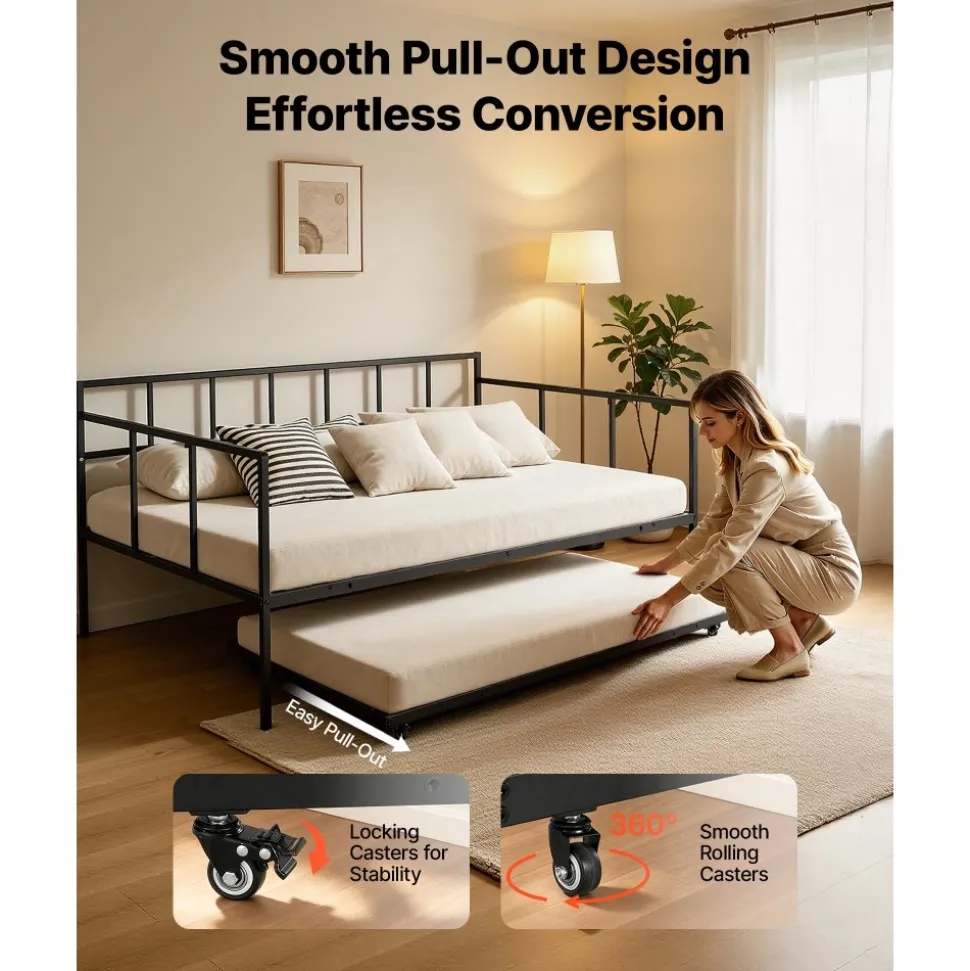 VEVOR Full Size Daybed with Pop Up Trundle Twin Size Metal Day Bed Frame, for Living Room Bedroom Guest Room, Sturdy Metal Design, Space Saving Sofa Bed, 2 Lockable Casters, Easy Assembly, Black