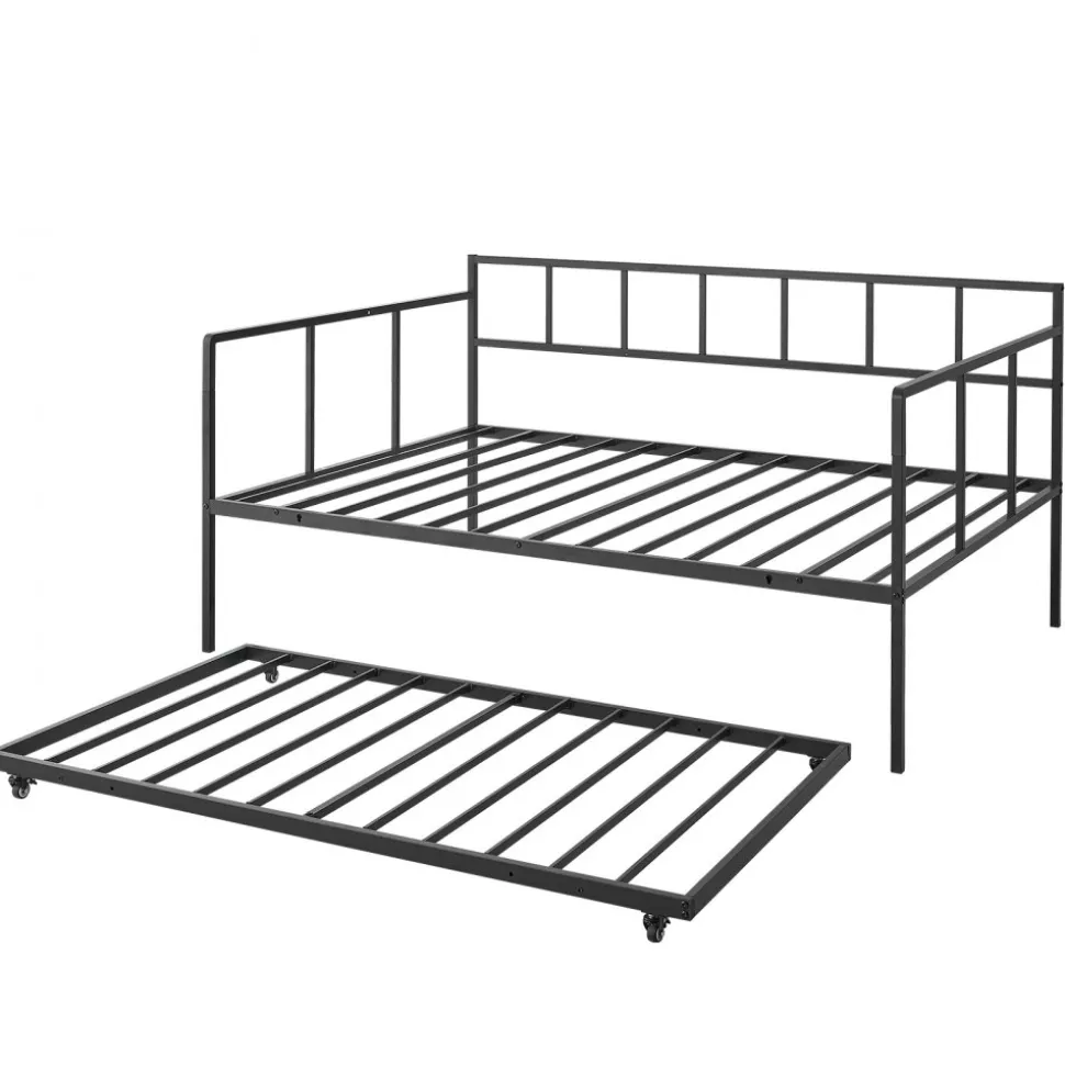 VEVOR Full Size Daybed with Pop Up Trundle Twin Size Metal Day Bed Frame, for Living Room Bedroom Guest Room, Sturdy Metal Design, Space Saving Sofa Bed, 2 Lockable Casters, Easy Assembly, Black