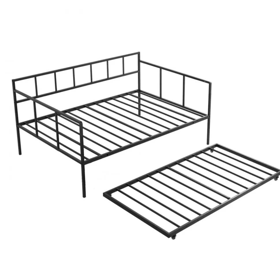 VEVOR Full Size Daybed with Pop Up Trundle Twin Size Metal Day Bed Frame, for Living Room Bedroom Guest Room, Sturdy Metal Design, Space Saving Sofa Bed, 2 Lockable Casters, Easy Assembly, Black