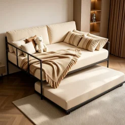 VEVOR Full Size Daybed with Pop Up Trundle Twin Size Metal Day Bed Frame, for Living Room Bedroom Guest Room, Sturdy Metal Design, Space Saving Sofa Bed, 2 Lockable Casters, Easy Assembly, Black